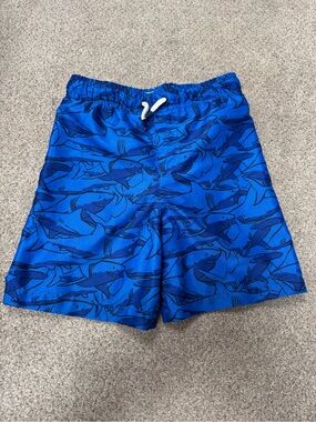 Boys Blue Shark-Print Swim Trunks with Drawstring